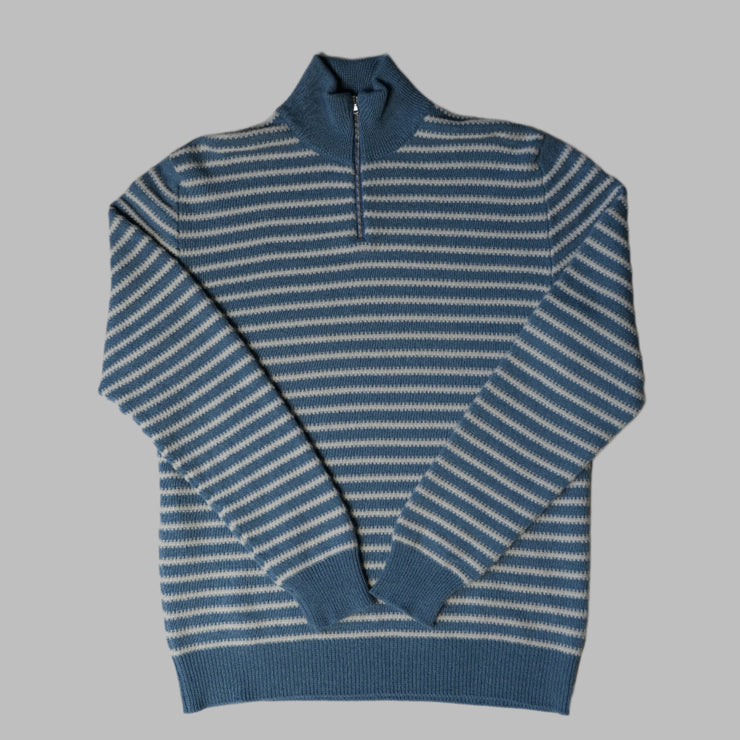 Unisex Stripey Zip Neck Jumper- Blue and White