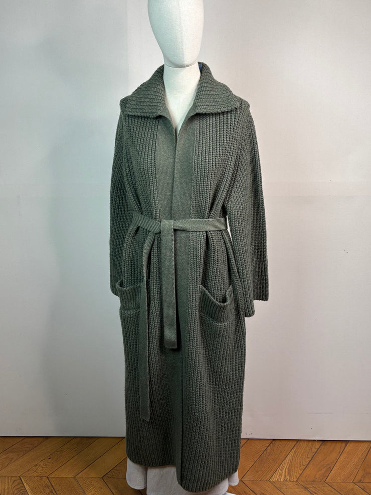 Cashmere Chunky Ribbed Long Cardigan - Olive