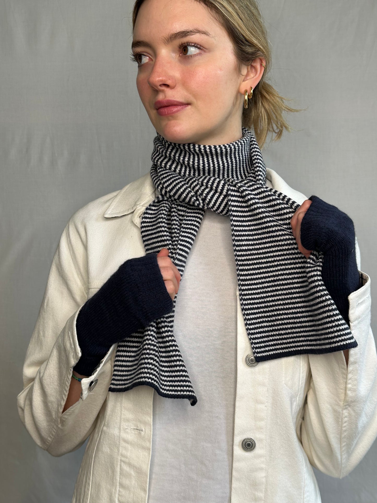 Navy Blue & White Striped Cashmere Scarf