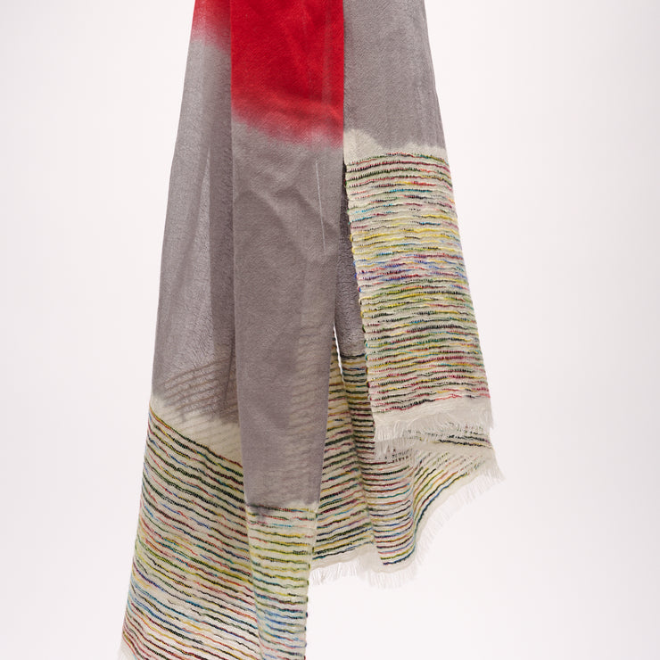 Handwoven Shawl - Red & Grey with Multicoloured End