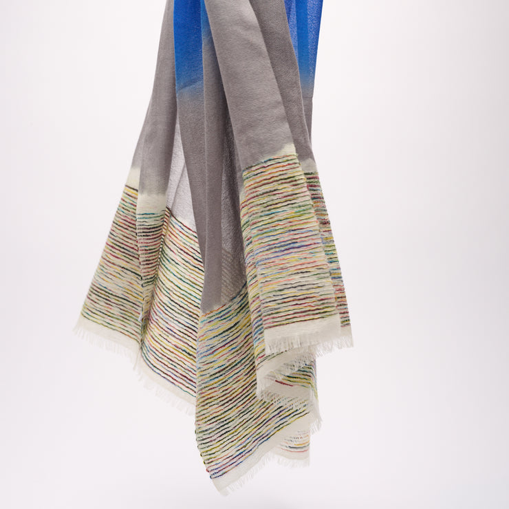 Handwoven Shawl - Blue & Grey with Multicoloured End