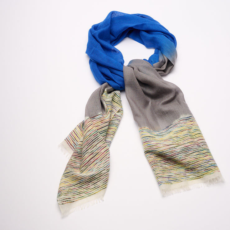 Handwoven Shawl - Blue & Grey with Multicoloured End