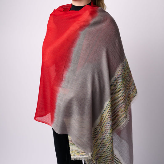Handwoven Cashmere Shawl - Red & Grey with Multicoloured End