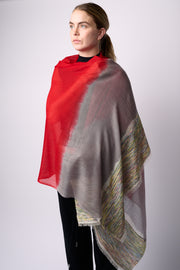 Handwoven Shawl - Red & Grey with Multicoloured End