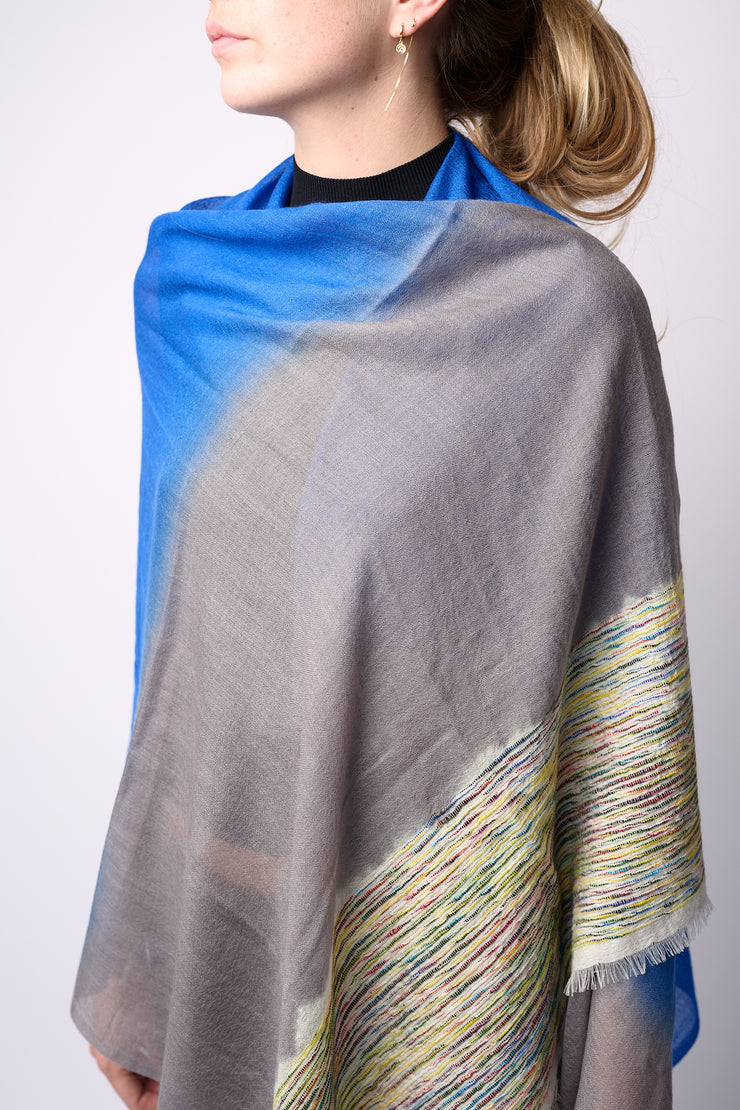 Handwoven Shawl - Blue & Grey with Multicoloured End