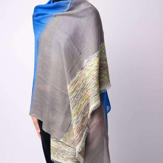 Handwoven Shawl - Blue & Grey with Multicoloured End