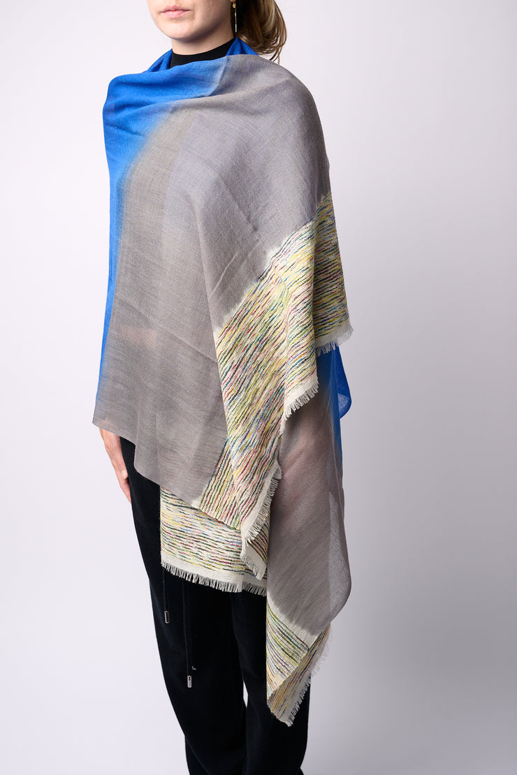 Handwoven Shawl - Blue & Grey with Multicoloured End