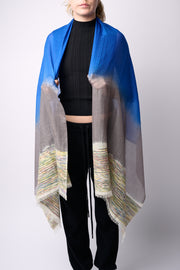 Handwoven Shawl - Blue & Grey with Multicoloured End