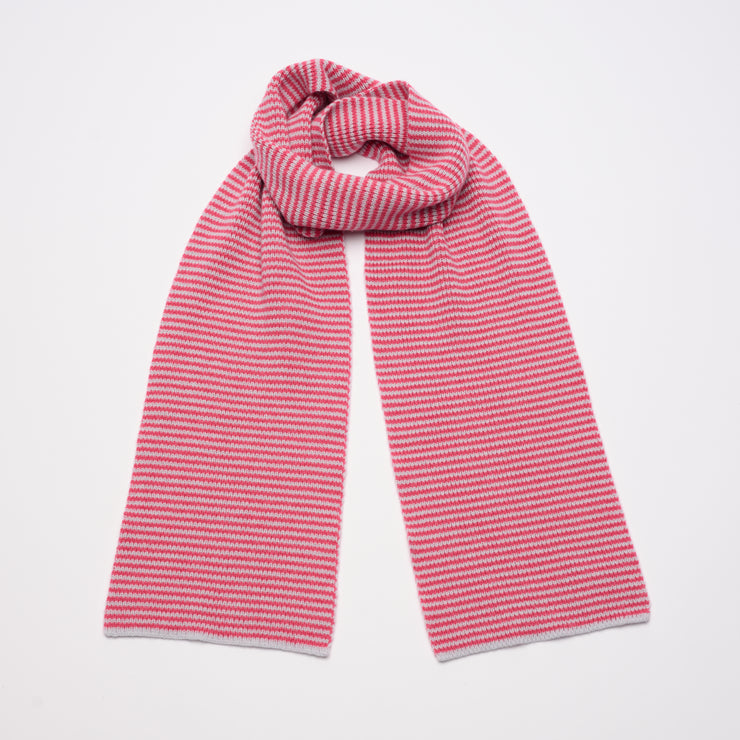 Candy Pink & Iced White Striped 5 Ply Cashmere Scarf