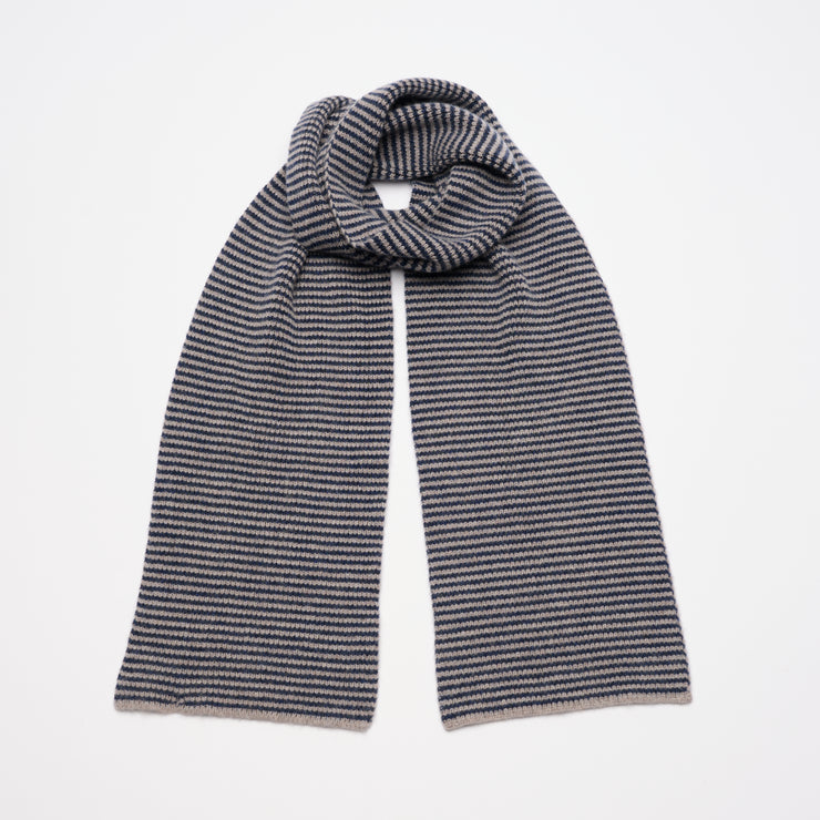 Navy & Pebble Striped 5 Ply Cashmere Scarf