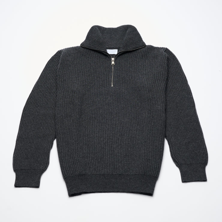 Ribbed Cashmere Half Zip High Neck Jumper - Charcoal