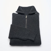 Ribbed Cashmere Half Zip High Neck Jumper - Charcoal