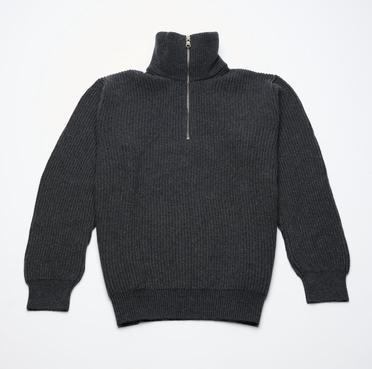 Ribbed Cashmere Half Zip High Neck Jumper - Charcoal