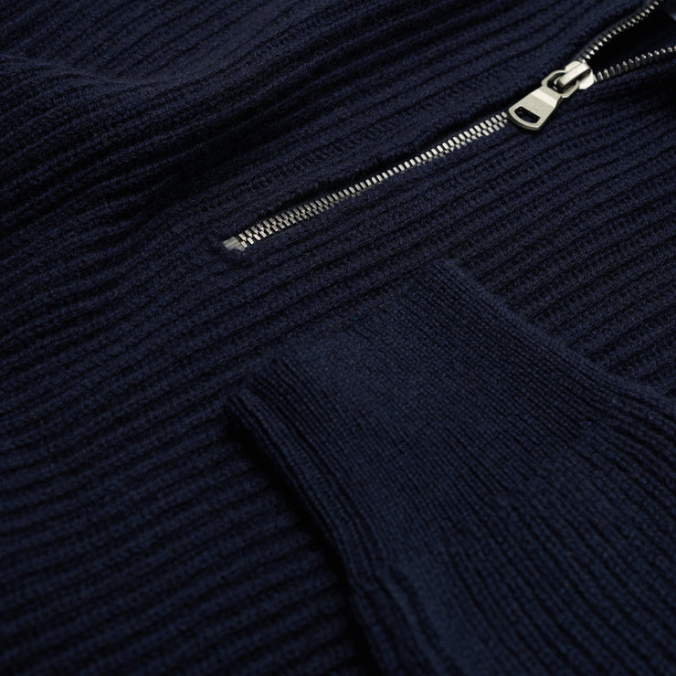 Ribbed Cashmere Half Zip High Neck Jumper - Navy