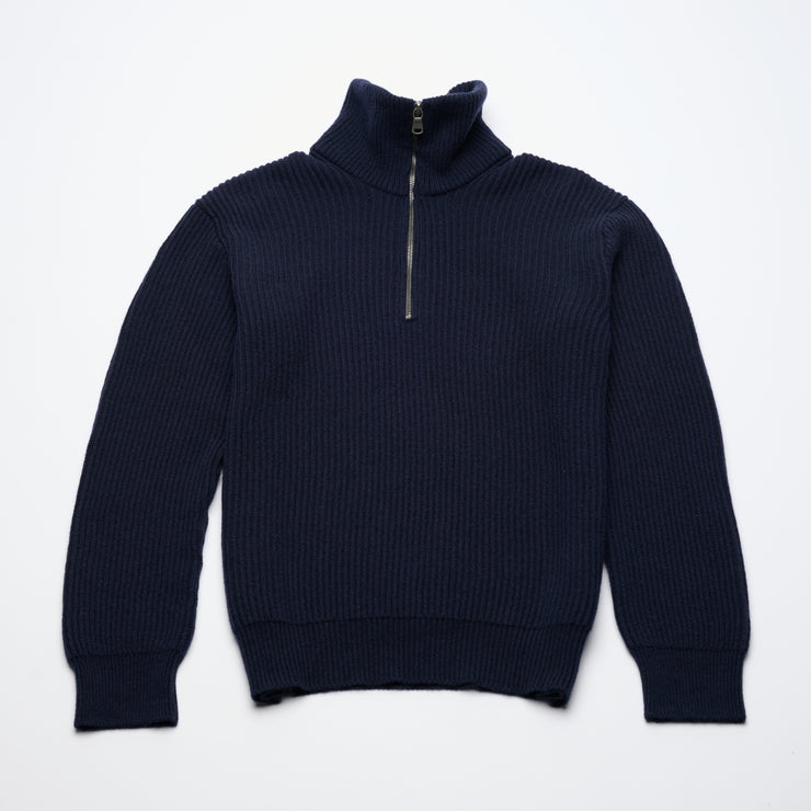 Ribbed Cashmere Half Zip High Neck Jumper - Navy