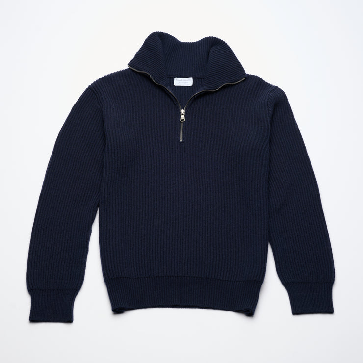 Ribbed Cashmere Half Zip High Neck Jumper - Navy