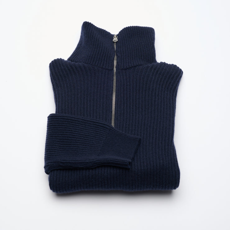 Ribbed Cashmere Half Zip High Neck Jumper - Navy