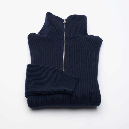 Ribbed Cashmere Half Zip High Neck Jumper - Navy