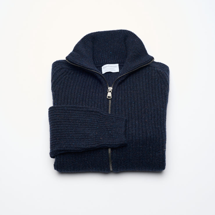 Donegal Ribbed Cashmere Zip Cardigan - Dark Navy