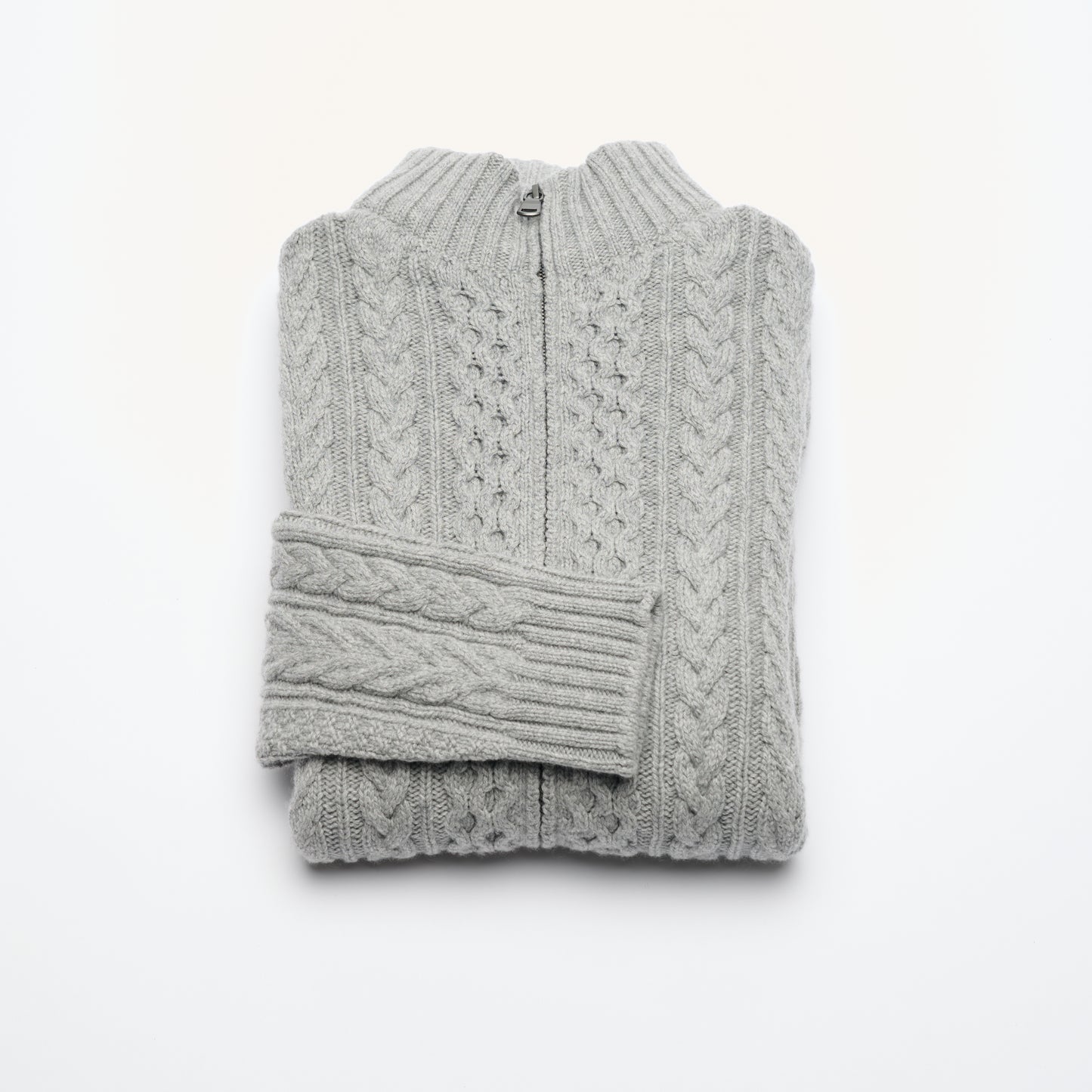 Aran Cable Zip Cardigan - Light Grey