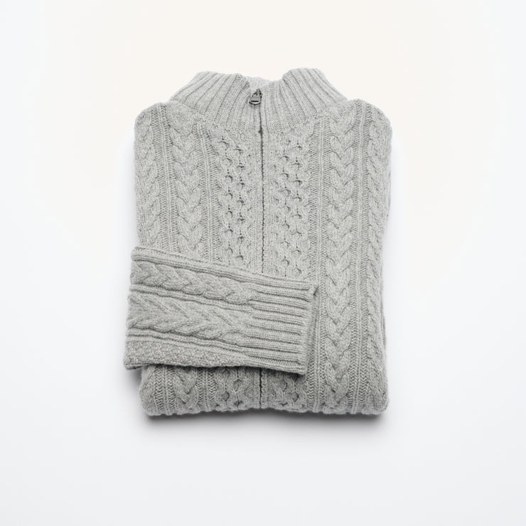 Aran Cable Zip Cardigan - Light Grey