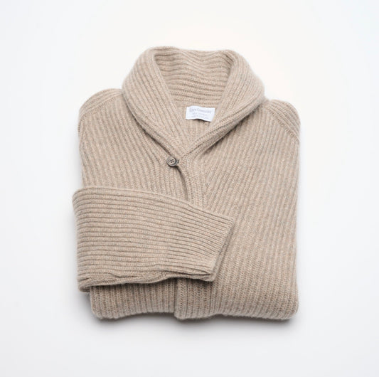 Ribbed Shawl Collar Cashmere Cardigan - Natural Marl