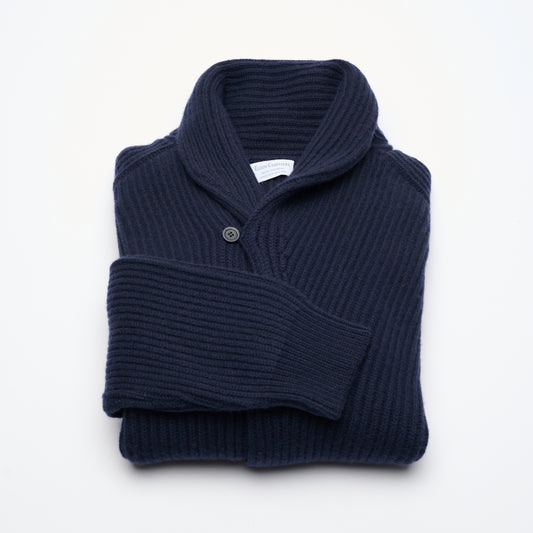 Ribbed Shawl Collar Cashmere Cardigan - Dark Navy