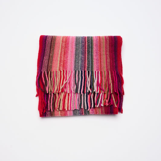 Multi Coloured Cashmere Striped Scarf with Tassels - Red Tones