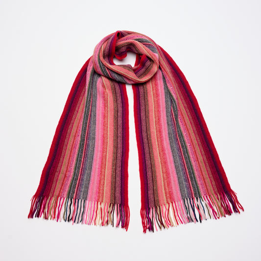 Multi Coloured Cashmere Striped Scarf with Tassels - Red Tones