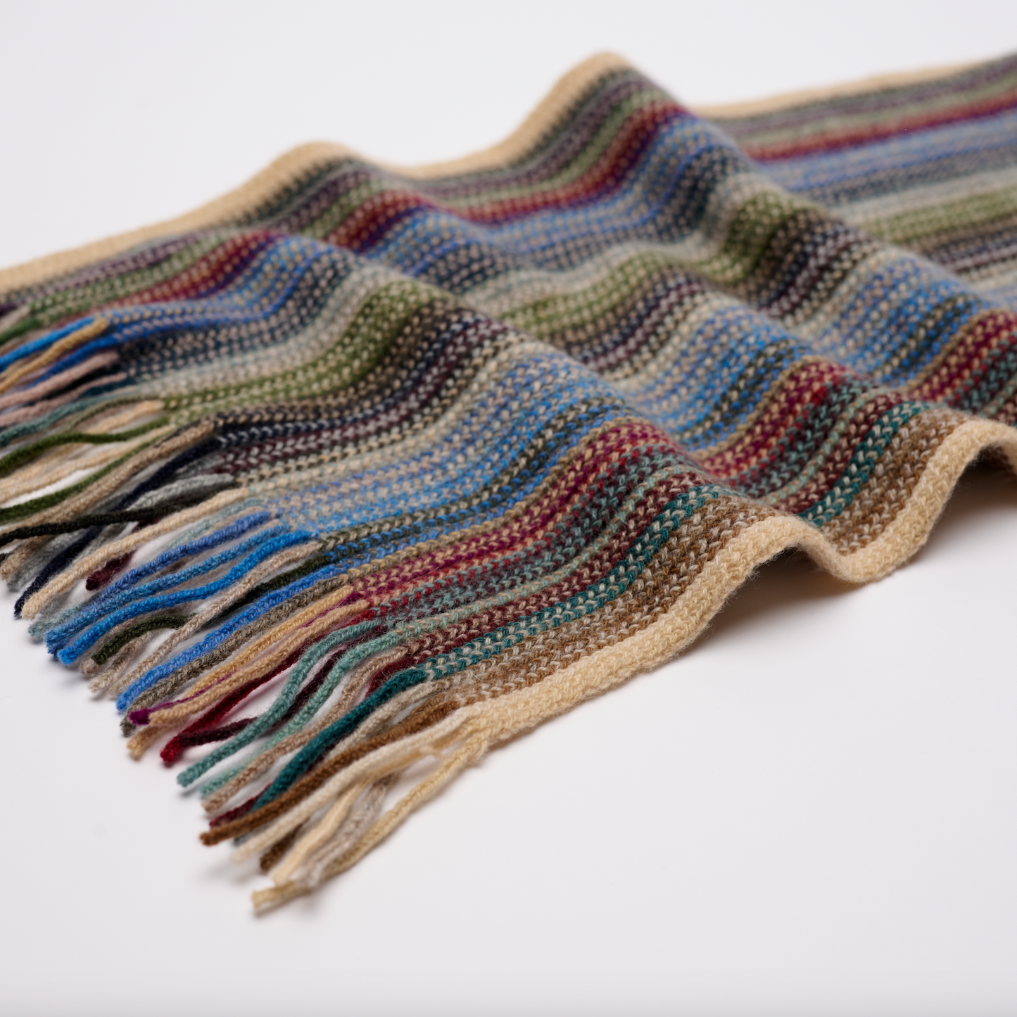Multi Coloured Cashmere Striped Scarf with Tassels - Earthy Tones