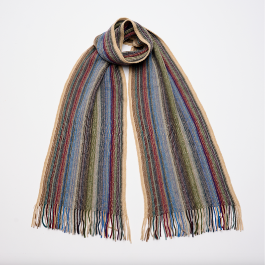 Multi Coloured Cashmere Striped Scarf with Tassels - Earthy Tones
