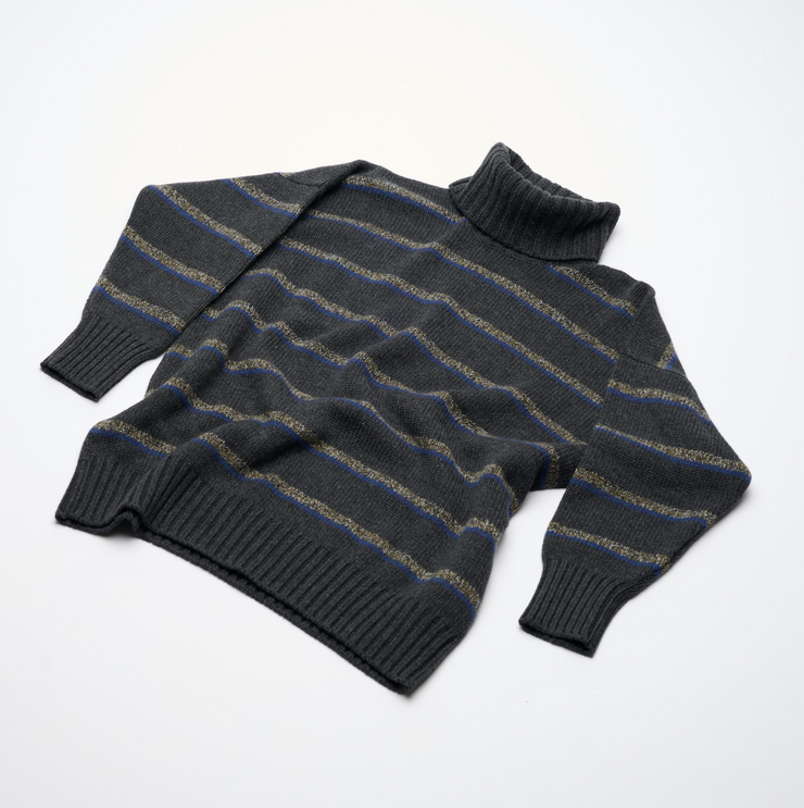 Oversized Cashmere Roll Neck - Charcoal Stripes