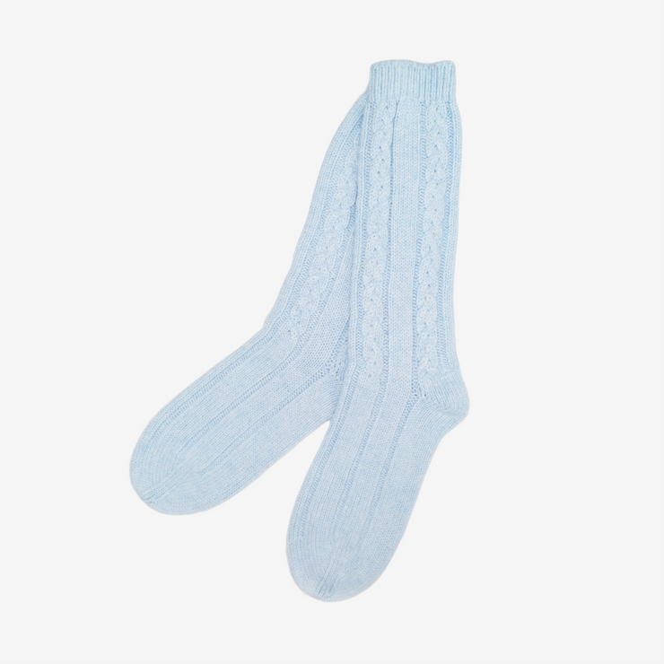 3 Ply Cable Knit Long Bed Socks - Light Blue